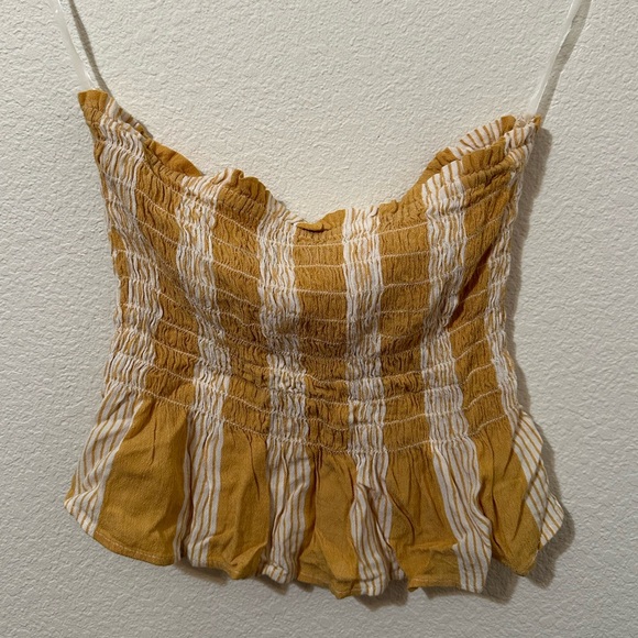 EUC AMERICAN EAGLE Peplum Ruched Yellow & White Striped Tube Top - Picture 3 of 8